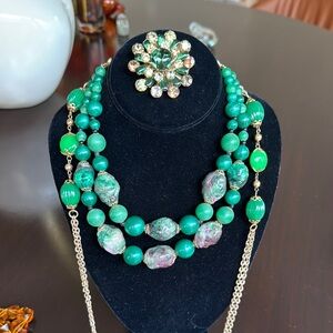 Elegant Green Beaded Necklaces and Brooch Set